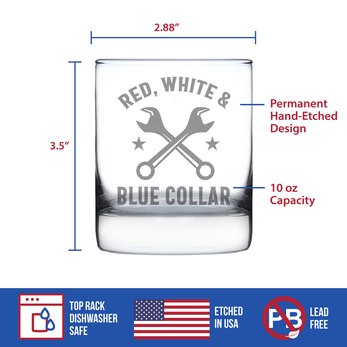Red White &amp; Blue Collar Engraved Rocks Glass Gifts Gifts for Tradesmen, Manual Labor Workers Weighted Whiskey Glasses - 10.25 oz