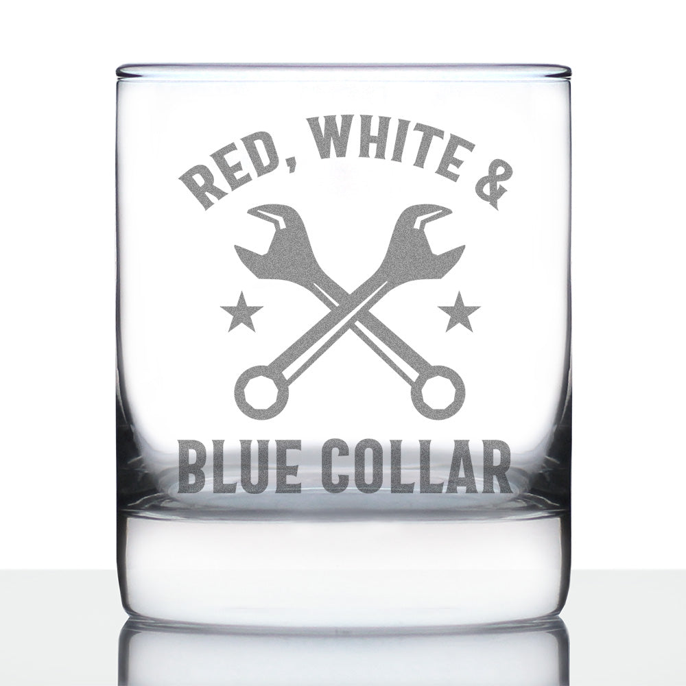 Red White & Blue Collar Engraved Rocks Glass Gifts Gifts for Tradesmen, Manual Labor Workers Weighted Whiskey Glasses - 10.25 oz