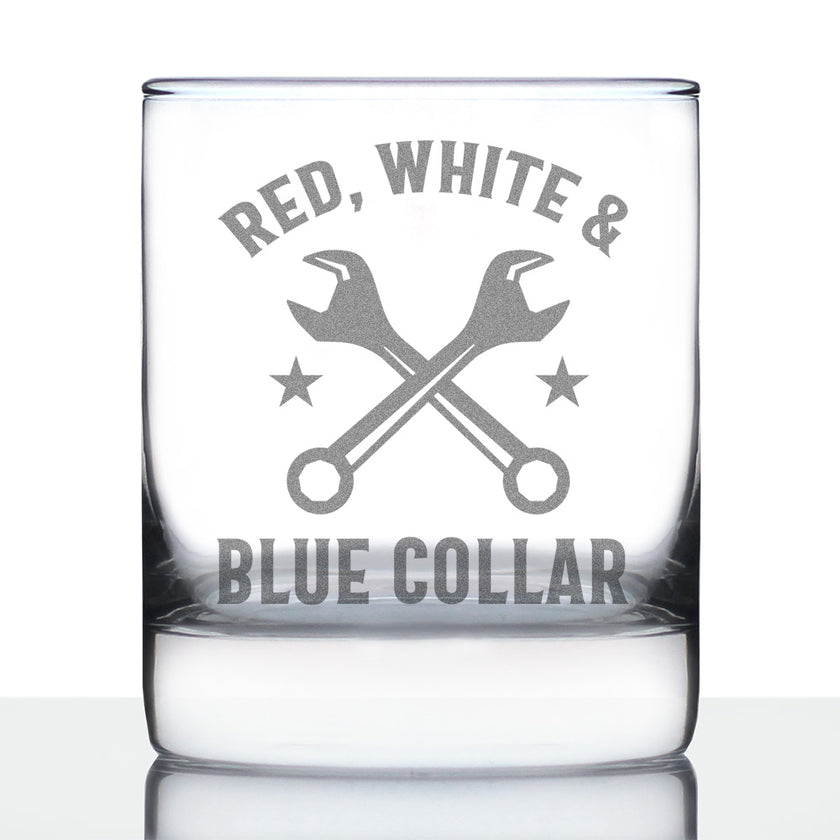 Red White & Blue Collar Engraved Rocks Glass Gifts Gifts for Tradesmen, Manual Labor Workers Weighted Whiskey Glasses - 10.25 oz