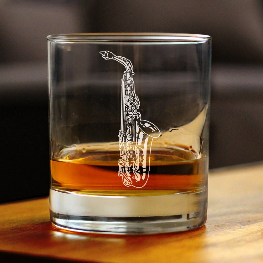 Saxophone Engraved Rocks Glass Gifts for Musicians Weighted Whiskey Glasses - 10.25 oz