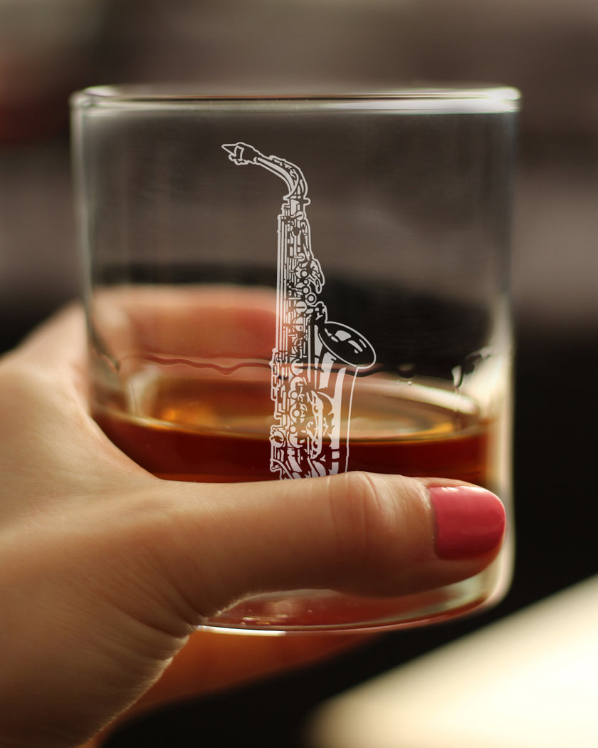 Saxophone Engraved Rocks Glass Gifts for Musicians Weighted Whiskey Glasses - 10.25 oz