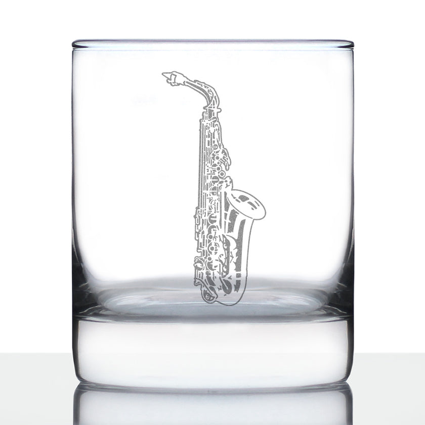 Saxophone Engraved Rocks Glass Gifts for Musicians Weighted Whiskey Glasses - 10.25 oz