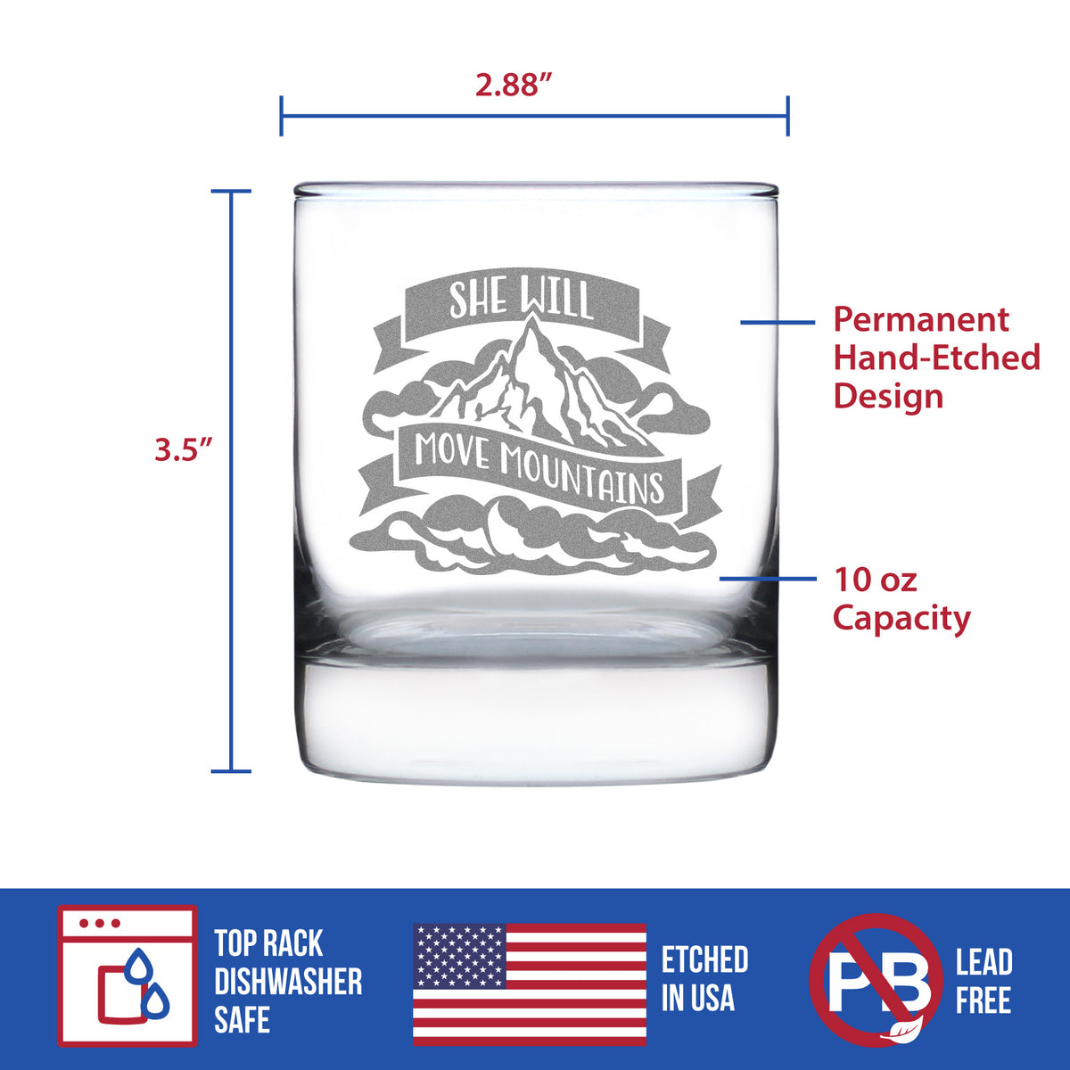 She Will Move Mountains - Whiskey Rocks Glass - Inspirational Gifts for Women - 10.25 oz Glasses