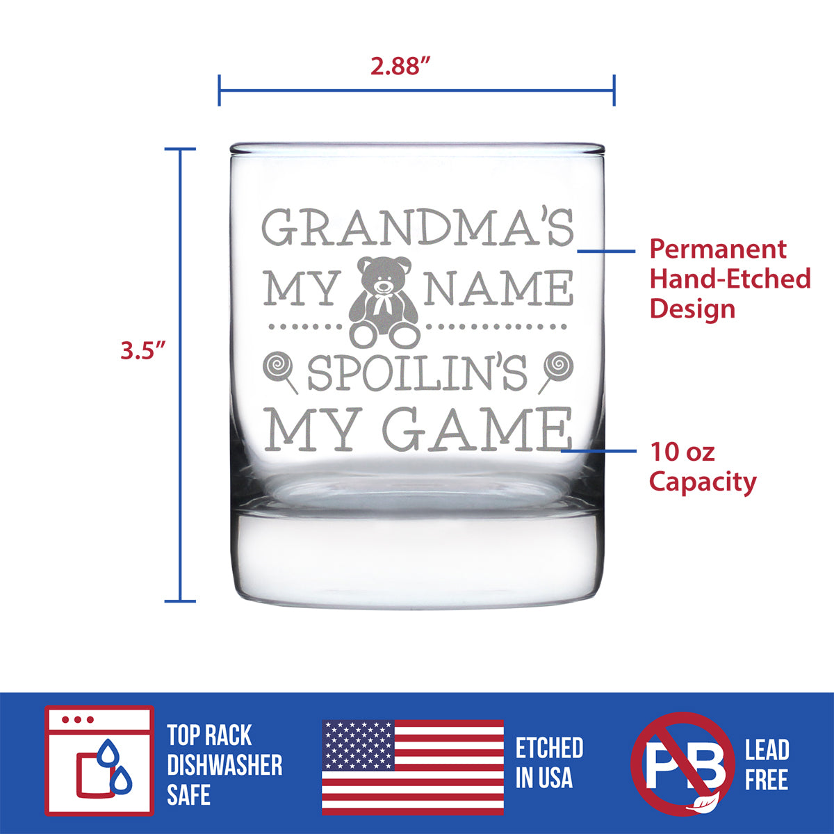 Grandma&#39;s My Name, Spoilin&#39;s My Game Rocks Glass - Funny Gifts for Grandma - 10.25 Oz Glasses