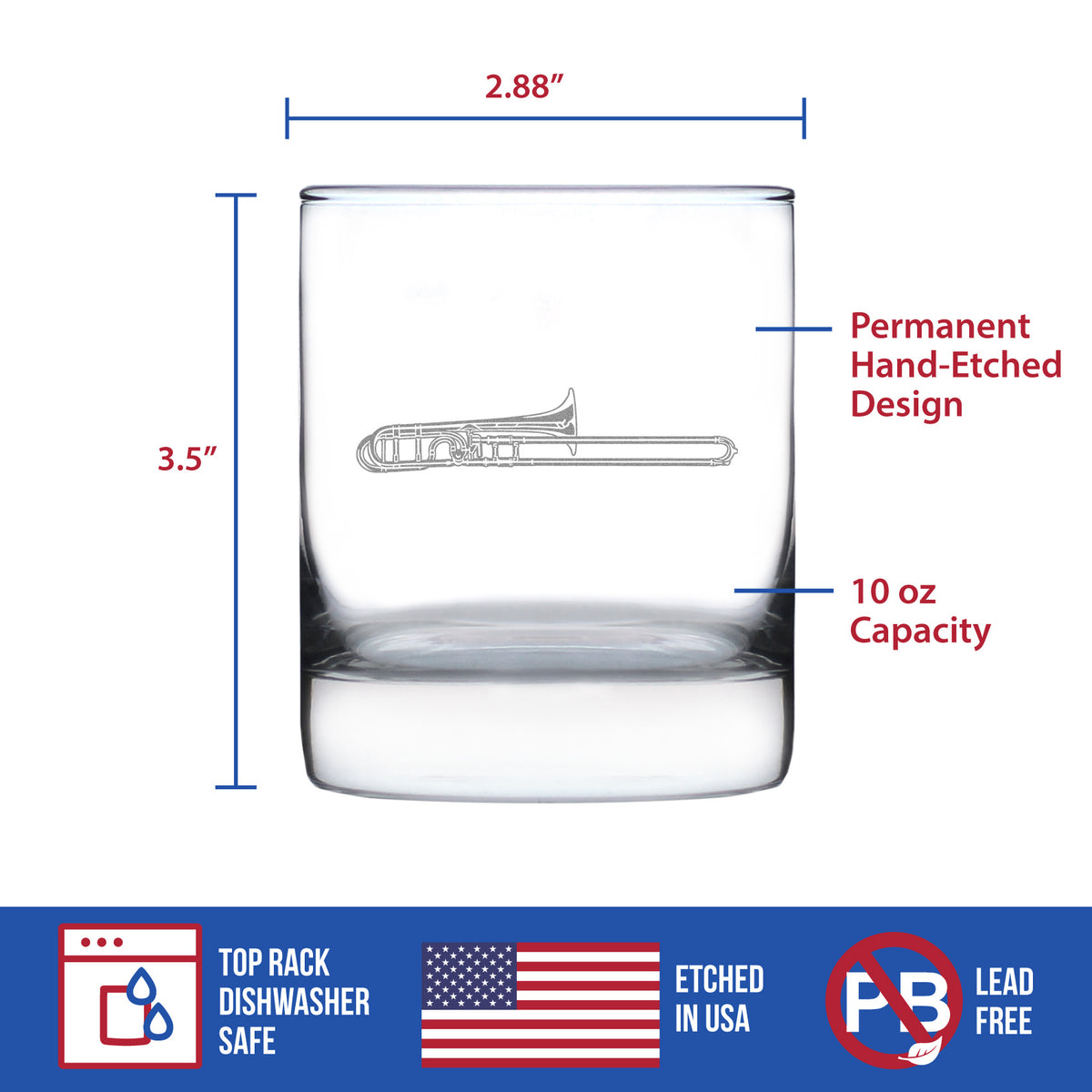 Trombone Engraved Rocks Glass Gifts for Musicians Weighted Whiskey Glasses - 10.25 oz