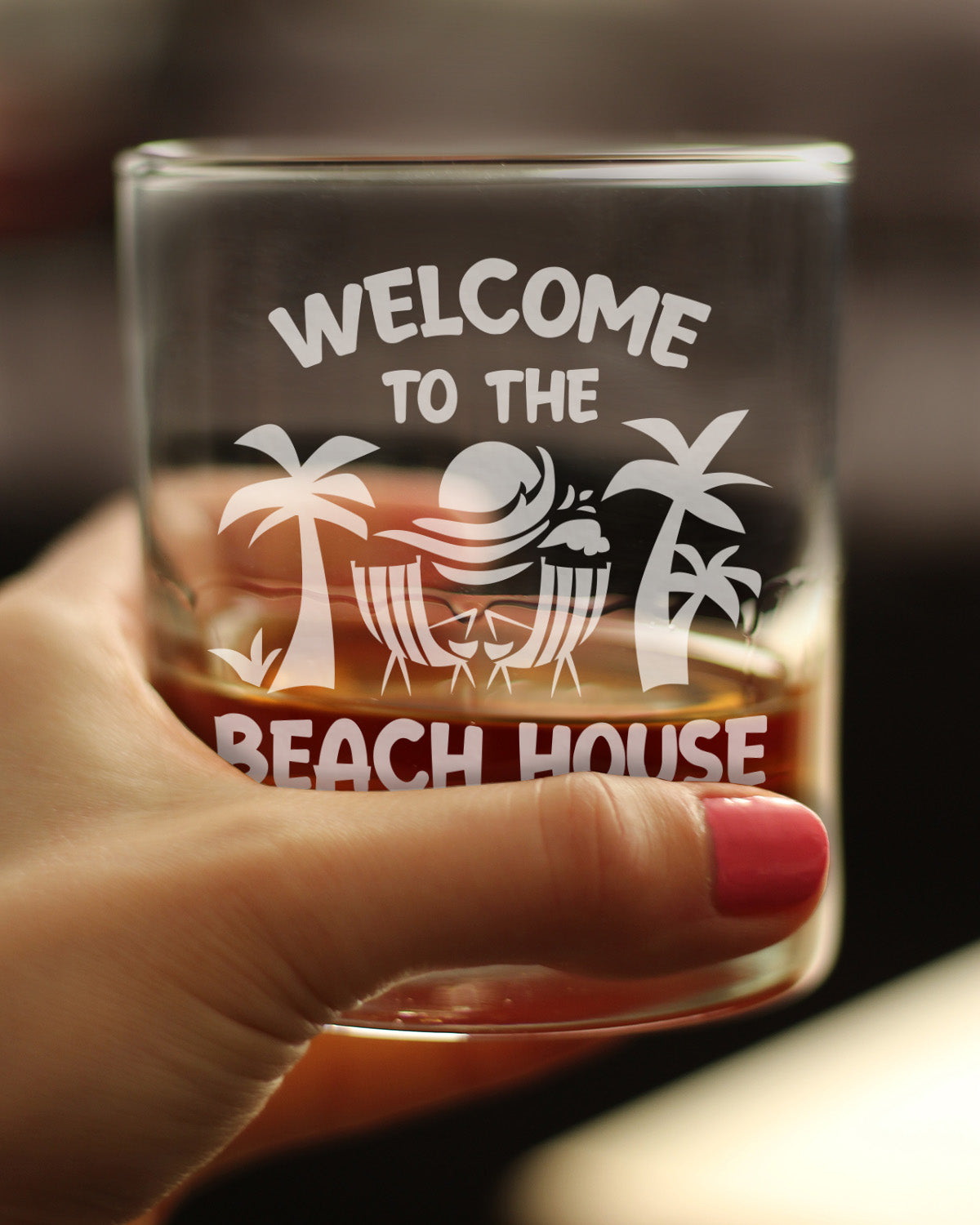 Welcome To The Beach House - Whiskey Rocks Glass - Coastal Decor for Home - 10.25 oz Glasses