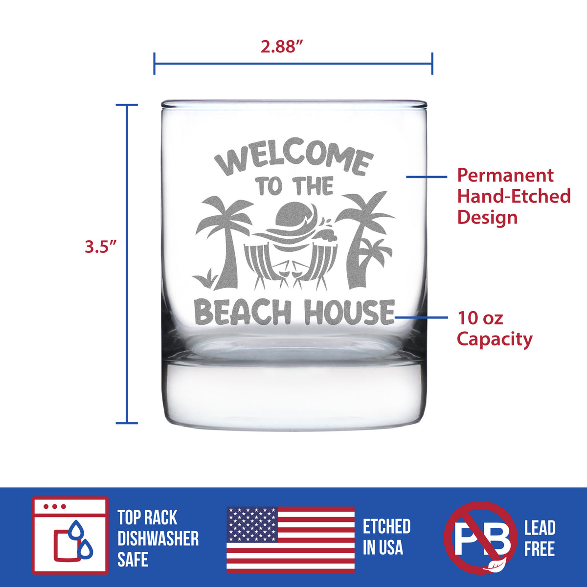 Welcome To The Beach House - Whiskey Rocks Glass - Coastal Decor for Home - 10.25 oz Glasses