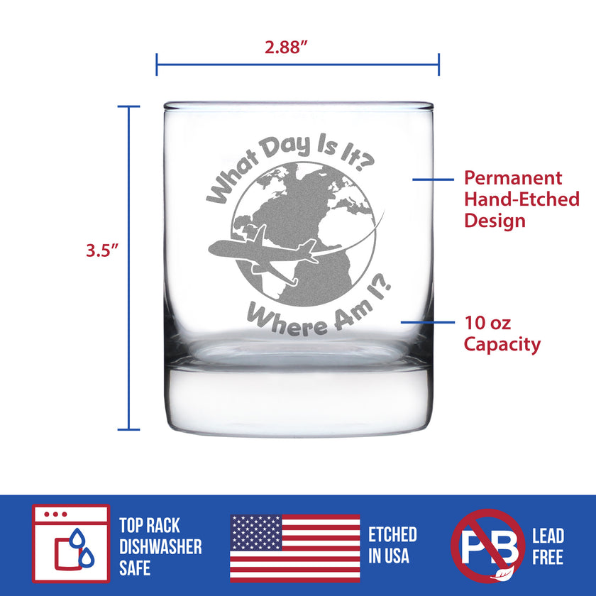 What Day Is It - Whiskey Rocks Glass - Funny Flight Attendant Gifts for Flight Attendants & Pilots - 10.25 oz Glasses