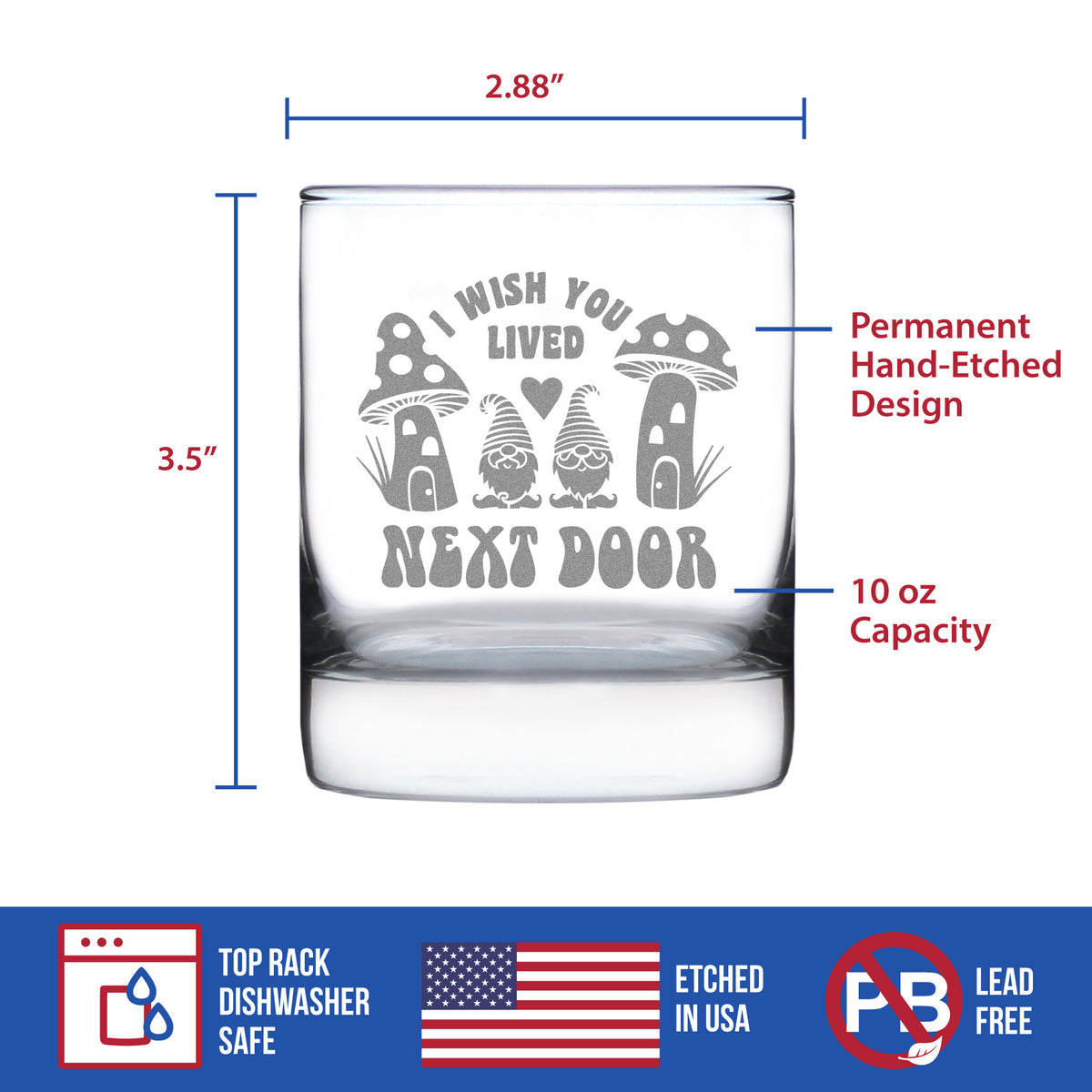 Wish You Lived Next Door - Whiskey Rocks Glass Gift - Gifts for Long Distance Best Friend - 10.25 oz Glasses