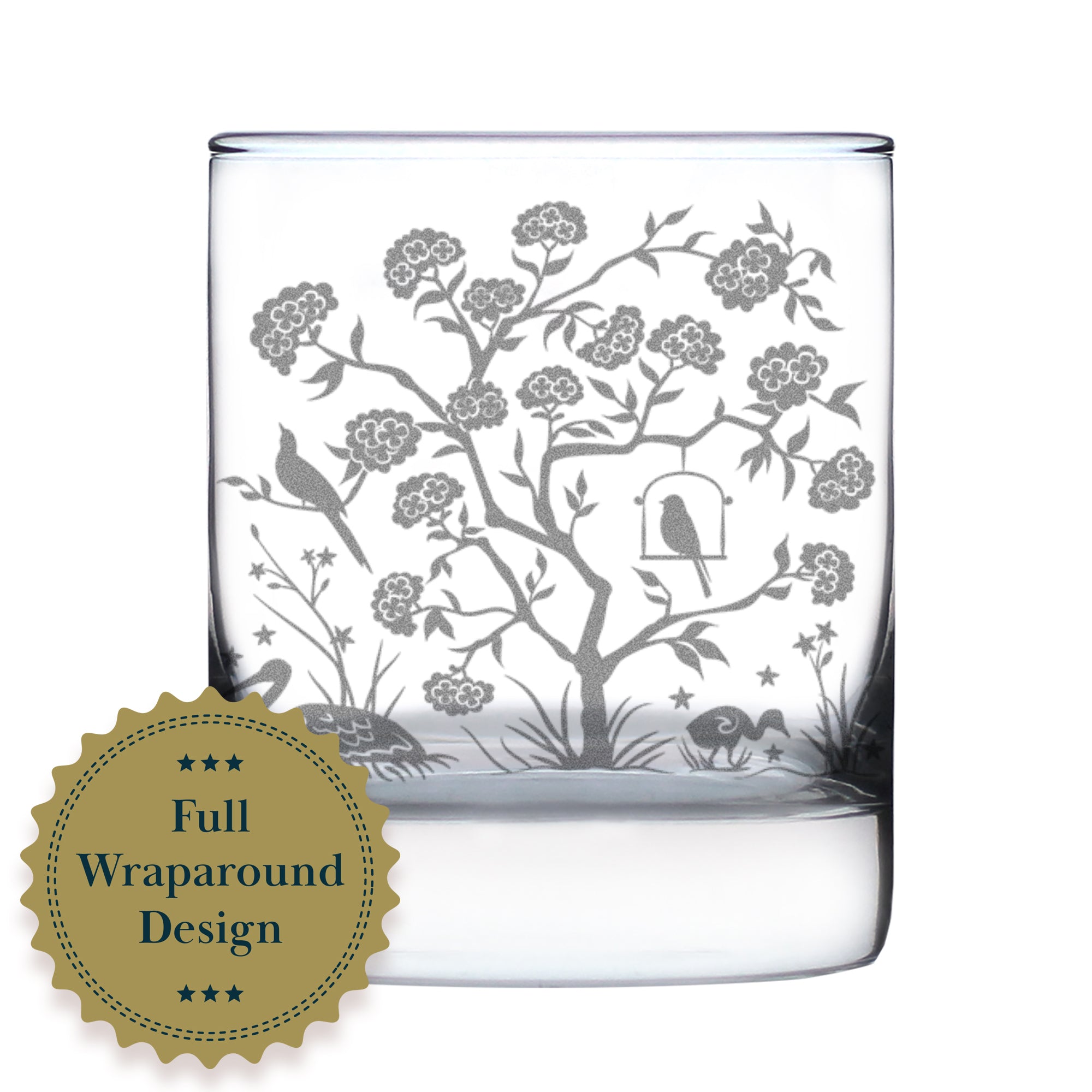 Chinoiserie Mural Pattern Engraved Rocks Glass - Full Wrap - Multi-Layer Engraved Whiskey Glasses - 10.25 oz