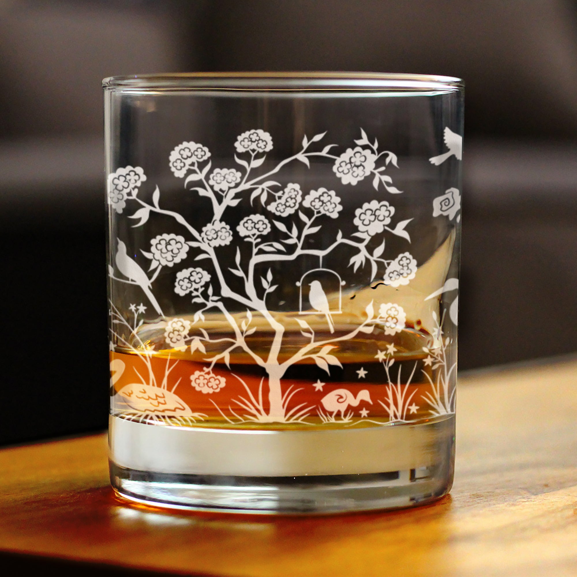 Chinoiserie Mural Pattern Engraved Rocks Glass - Full Wrap - Multi-Layer Engraved Whiskey Glasses - 10.25 oz