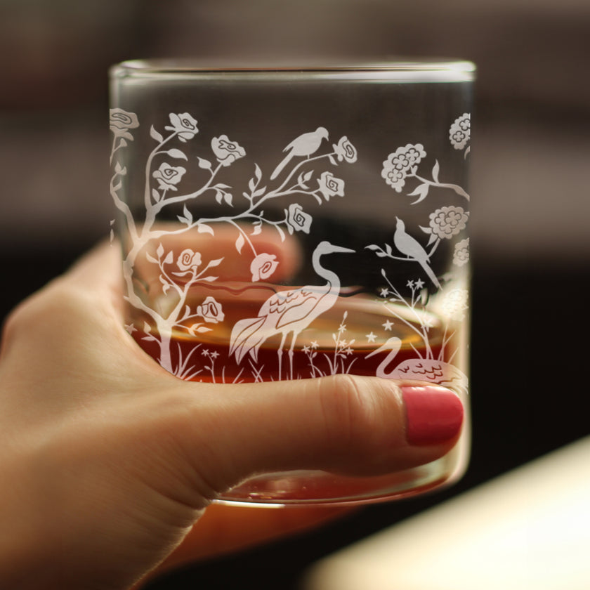 Chinoiserie Mural Pattern Engraved Rocks Glass - Full Wrap - Multi-Layer Engraved Whiskey Glasses - 10.25 oz