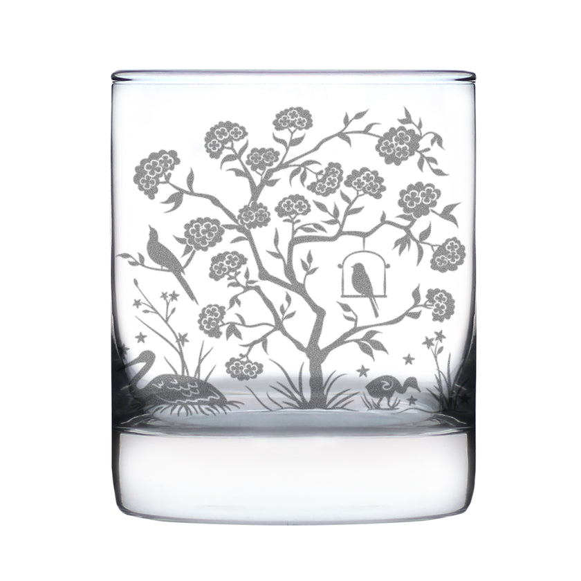 Chinoiserie Mural Pattern Engraved Rocks Glass - Full Wrap - Multi-Layer Engraved Whiskey Glasses - 10.25 oz