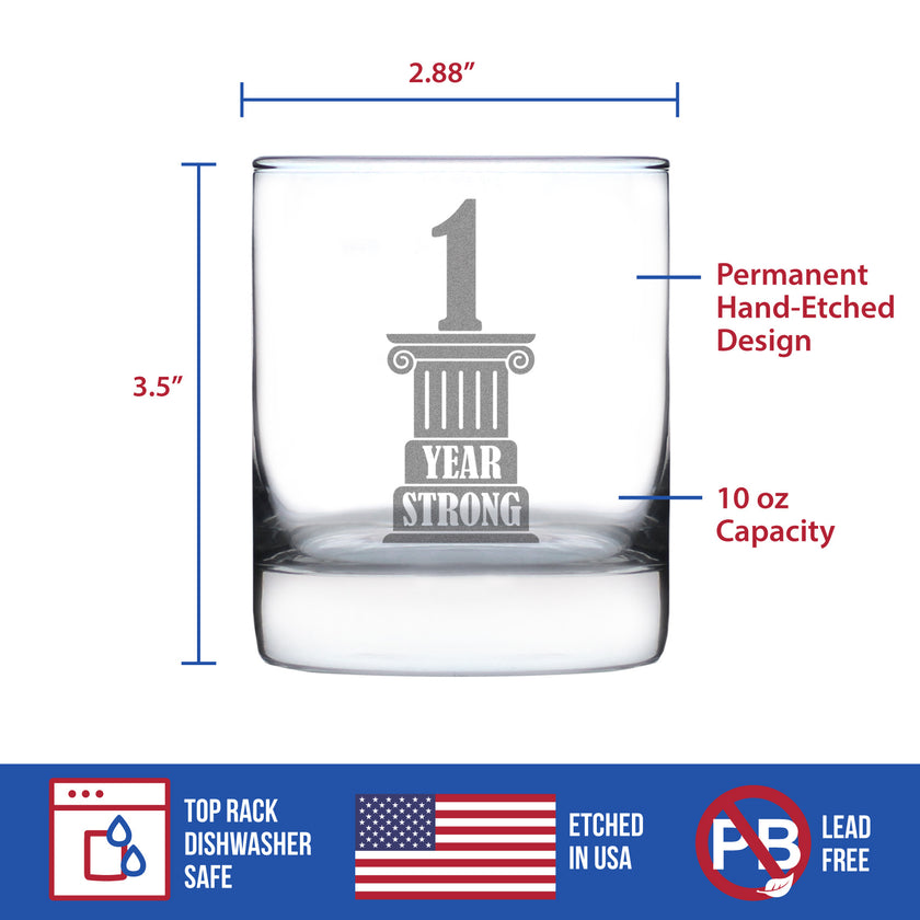 1 Year Strong Engraved Rocks Glass Gifts 1st Anniversary Party Decor Weighted Whiskey Glasses - 10.25 oz
