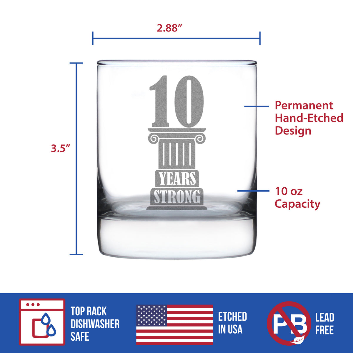 10 Years Strong Engraved Rocks Glass Gifts 10th Anniversary Party Decor Weighted Whiskey Glasses - 10.25 oz