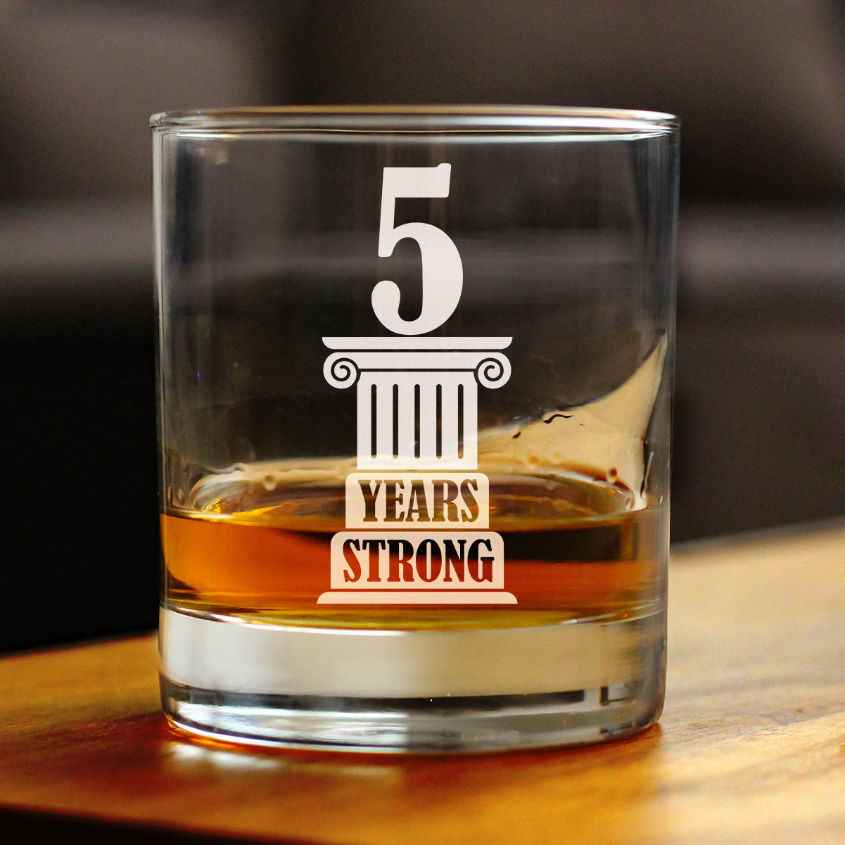 5 Years Strong Engraved Rocks Glass Gifts 5th Anniversary Party Decor Weighted Whiskey Glasses - 10.25 oz