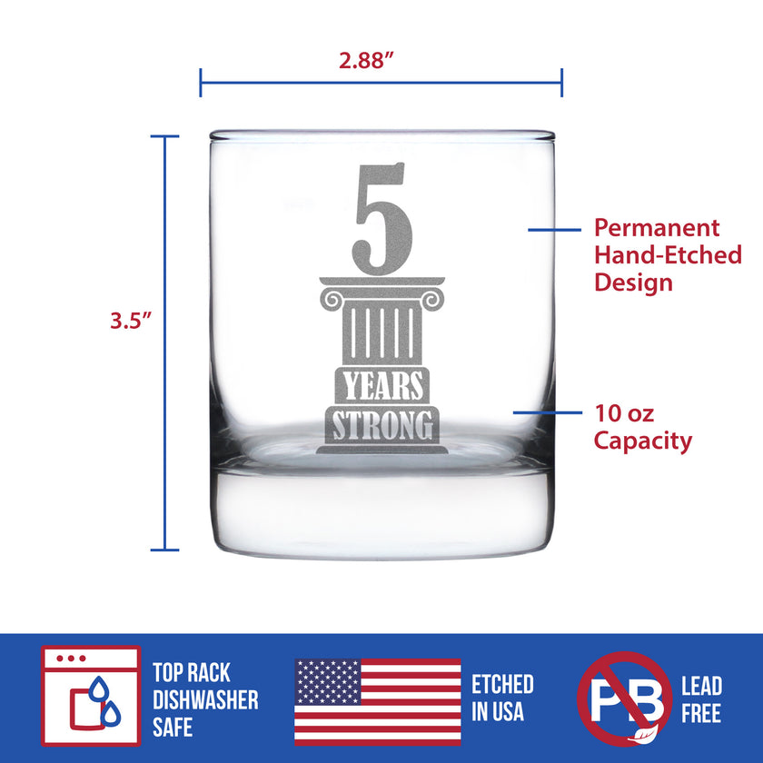 5 Years Strong Engraved Rocks Glass Gifts 5th Anniversary Party Decor Weighted Whiskey Glasses - 10.25 oz