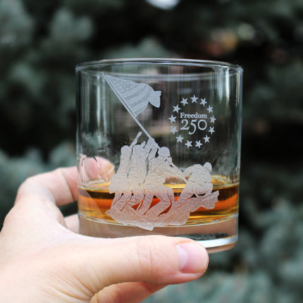 Freedom 250 Raising the Flag on Iwo Jima Engraved Rocks Glass Official Merch for 250th Anniversary of the USA Weighted Whiskey Glasses - 10.25 oz