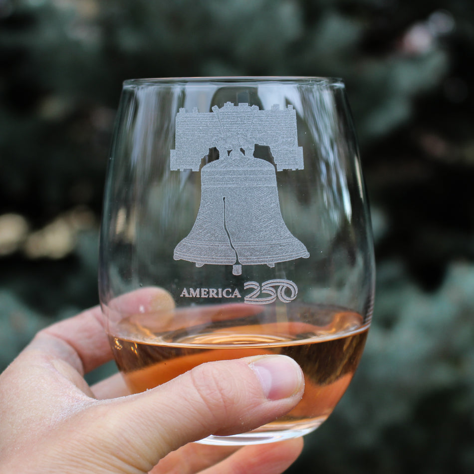 America 250 Liberty Bell Engraved Stemless Wine Glass America250 Official for 250th Anniversary of the USA Wine Glasses - 15 oz