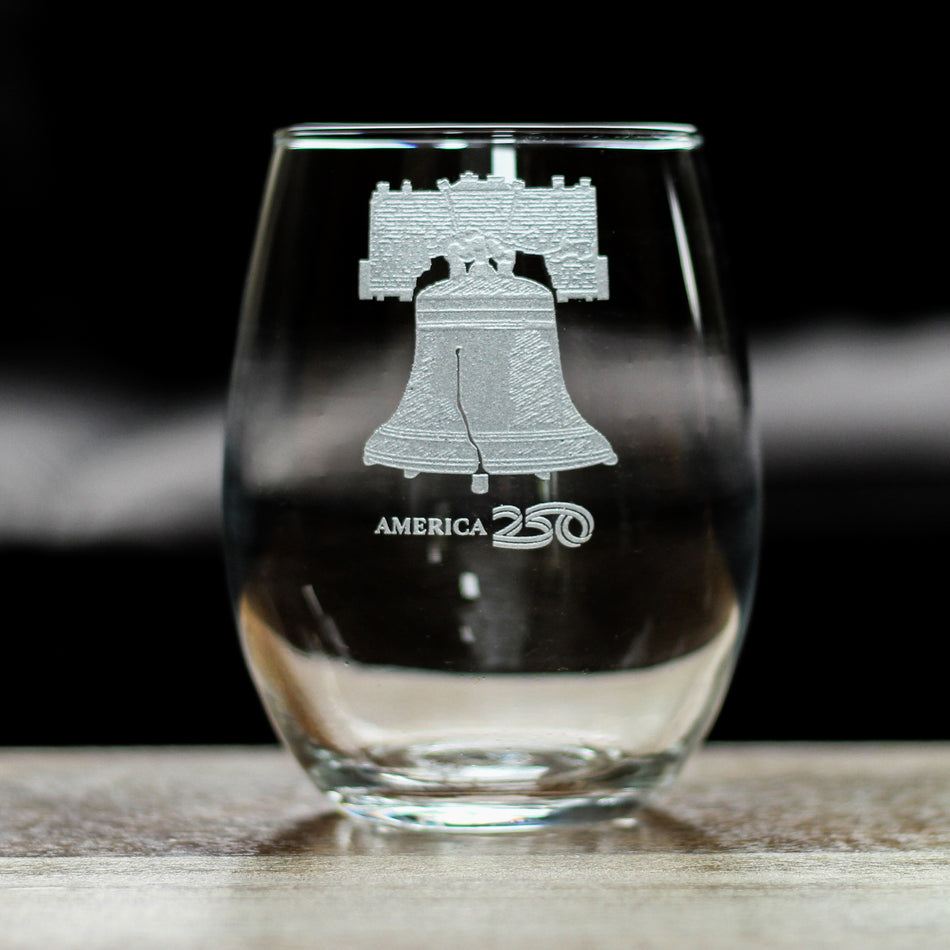 America 250 Liberty Bell Engraved Stemless Wine Glass America250 Official for 250th Anniversary of the USA Wine Glasses - 15 oz