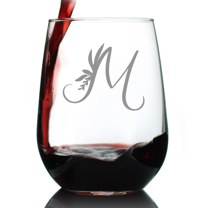 Monogram Letters - Floral & Bold Styles - Stemless Wine Glass - Personalized Gifts for Women and Men - Large Engraved Glasses