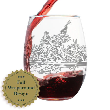 America 250 Washington Crossing the Delaware Engraved Stemless Wine Glass America250 Official for 250th Anniversary of the USA Wine Glasses - 15 oz