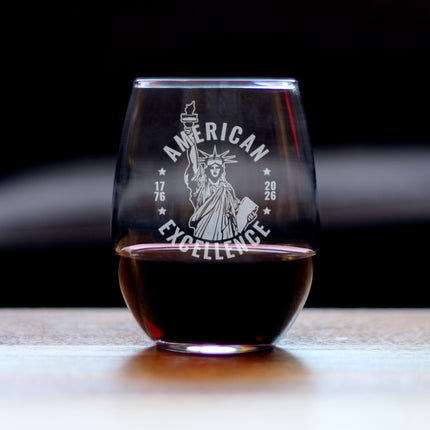 America 250 American Excellence Engraved Stemless Wine Glass America250 Official for 250th Anniversary of the USA Wine Glasses - 15 oz
