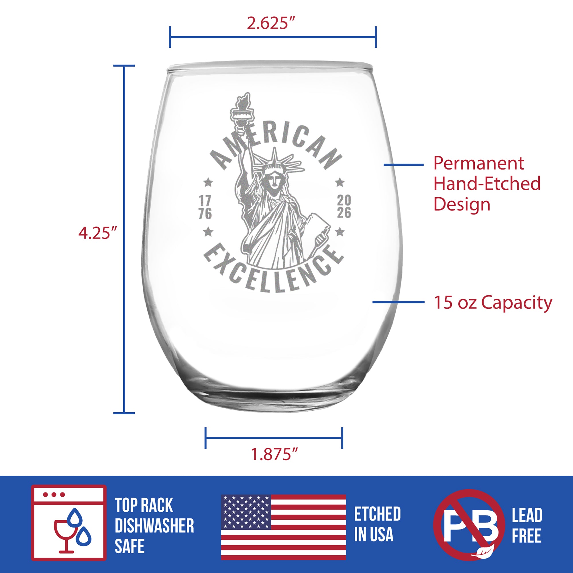 America 250 American Excellence Engraved Stemless Wine Glass America250 Official for 250th Anniversary of the USA Wine Glasses - 15 oz
