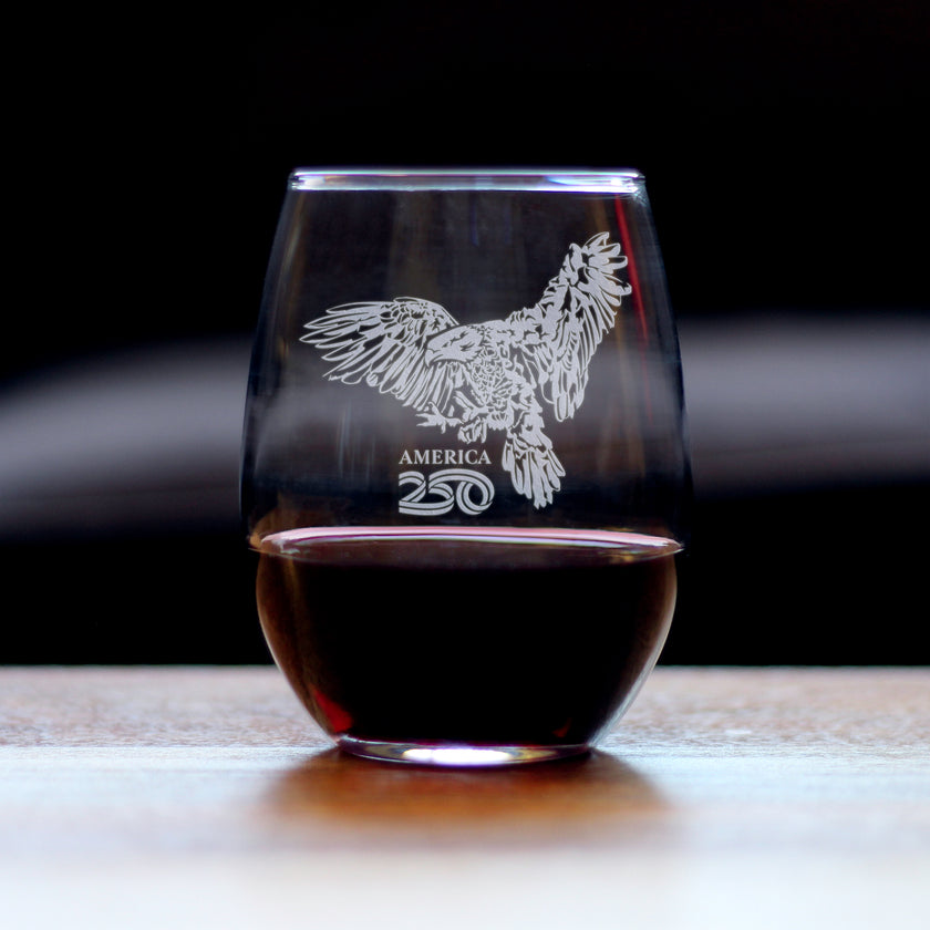 America 250 Bald Eagle Engraved Stemless Wine Glass America250 Official for 250th Anniversary of the USA Wine Glasses - 15 oz