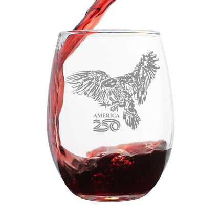 America 250 Bald Eagle Engraved Stemless Wine Glass America250 Official for 250th Anniversary of the USA Wine Glasses - 15 oz