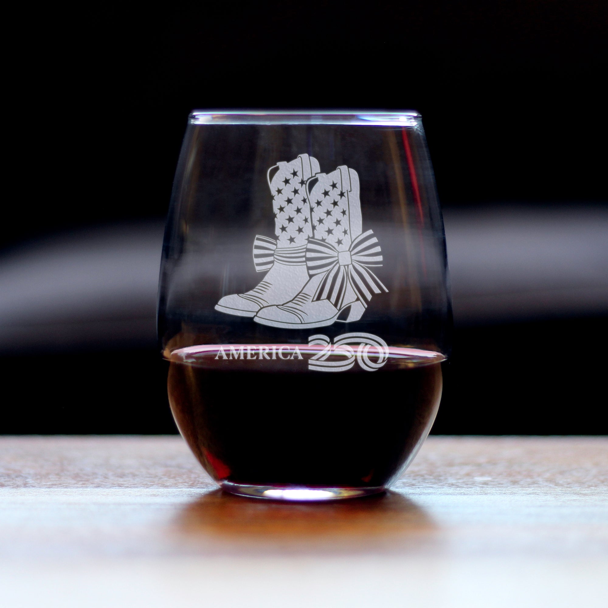 America 250 Cowgirl Boots Engraved Stemless Wine Glass America250 Official for 250th Anniversary of the USA Wine Glasses - 15 oz