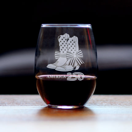 America 250 Cowgirl Boots Engraved Stemless Wine Glass America250 Official for 250th Anniversary of the USA Wine Glasses - 15 oz