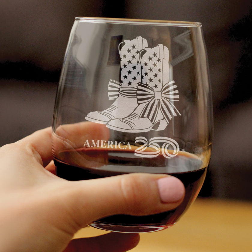 America 250 Cowgirl Boots Engraved Stemless Wine Glass America250 Official for 250th Anniversary of the USA Wine Glasses - 15 oz