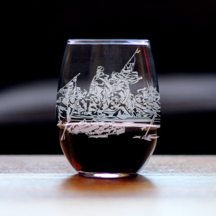America 250 Washington Crossing the Delaware Engraved Stemless Wine Glass America250 Official for 250th Anniversary of the USA Wine Glasses - 15 oz