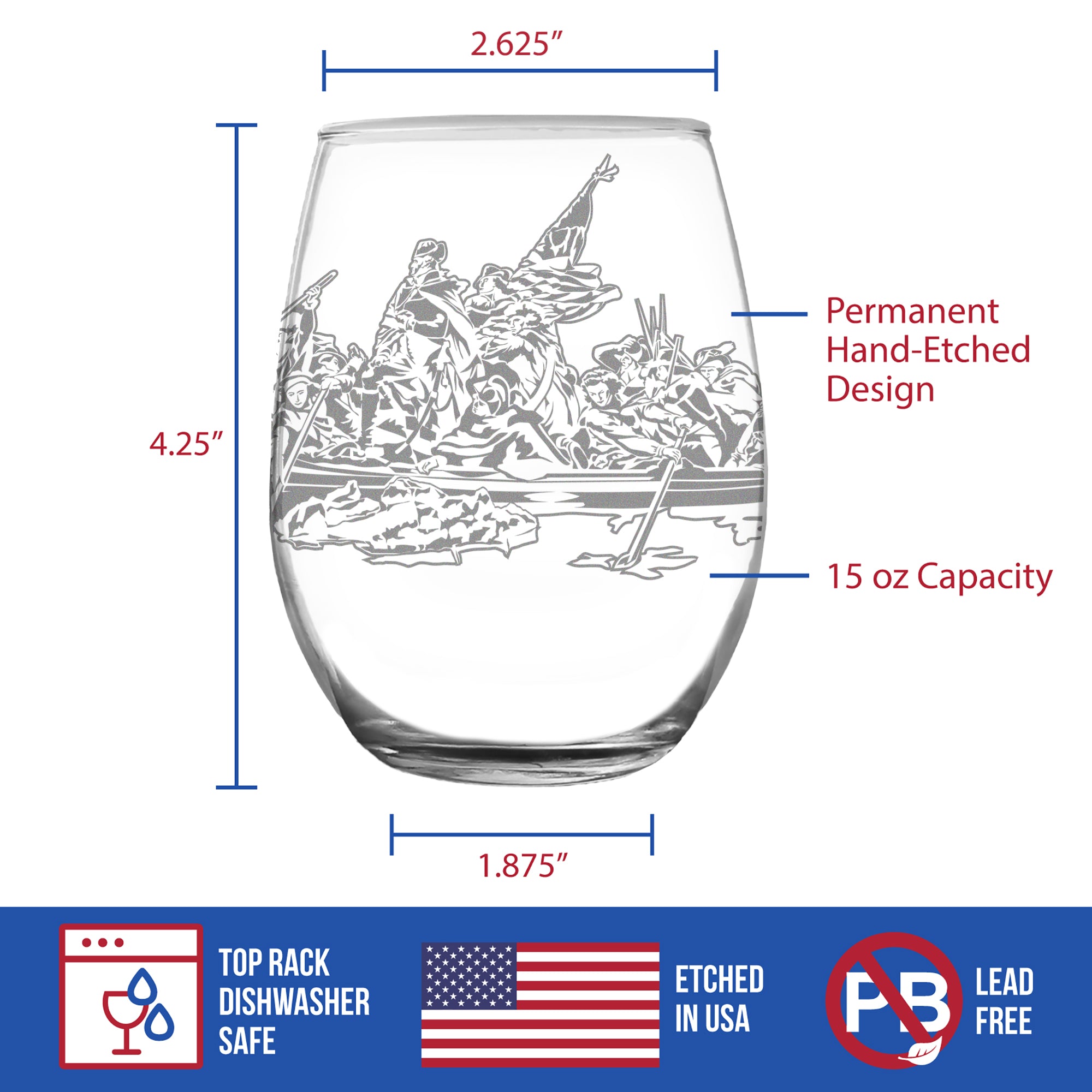 America 250 Washington Crossing the Delaware Engraved Stemless Wine Glass America250 Official for 250th Anniversary of the USA Wine Glasses - 15 oz