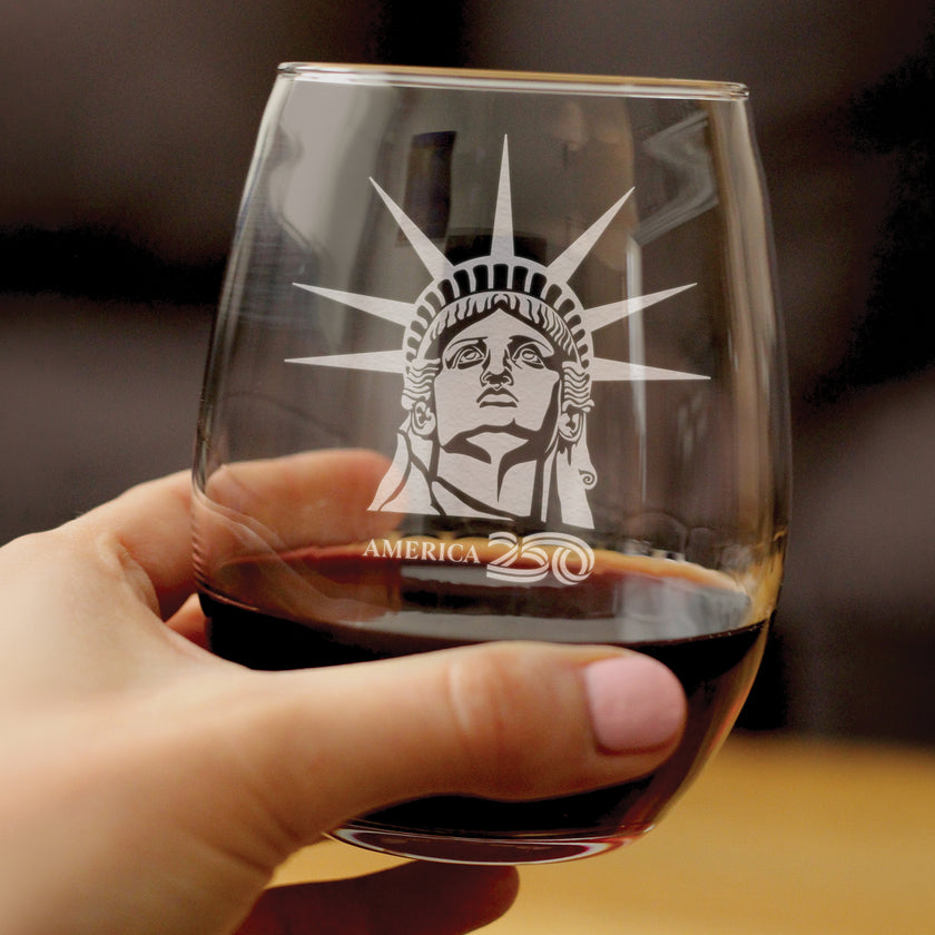 America 250 Statue of Liberty Profile Engraved Stemless Wine Glass America250 Official for 250th Anniversary of the USA Wine Glasses - 15 oz