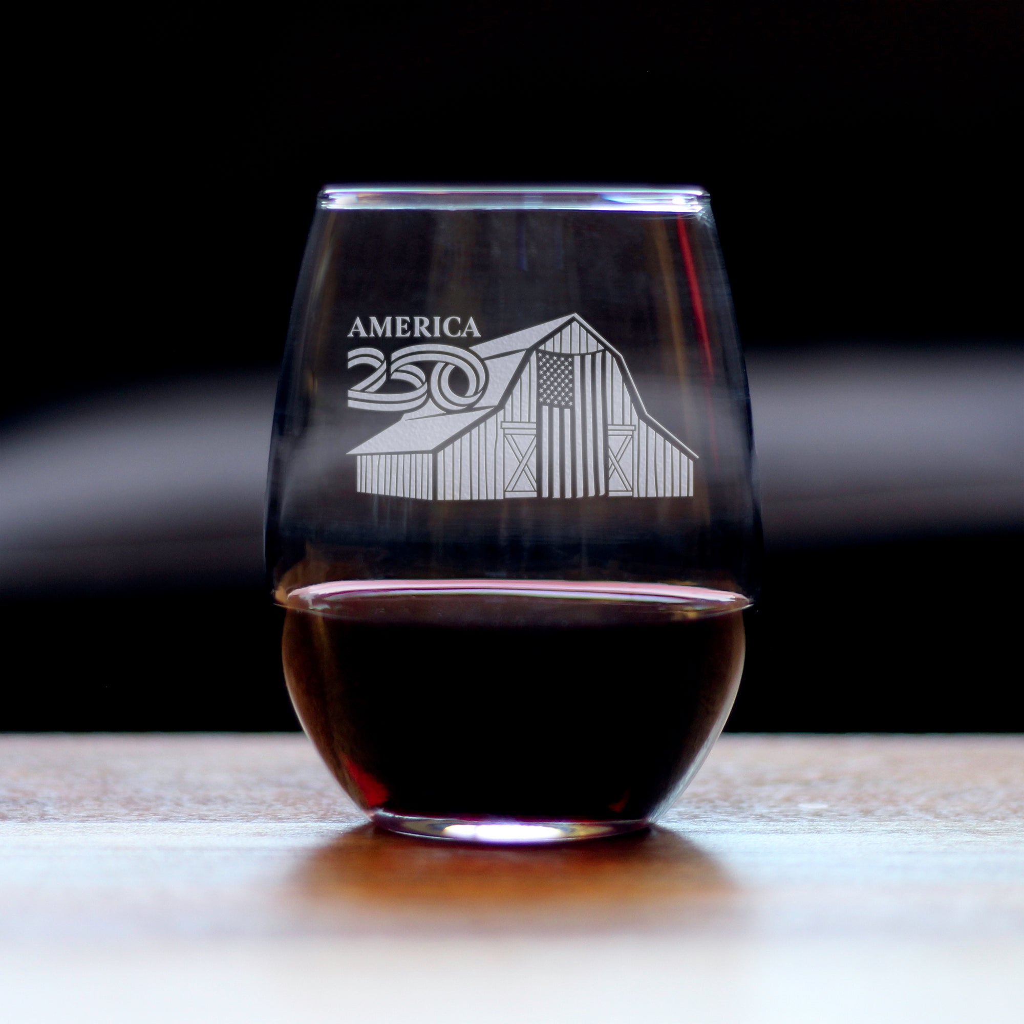 America 250 Homestead Barn Engraved Stemless Wine Glass America250 Official for 250th Anniversary of the USA Wine Glasses - 15 oz