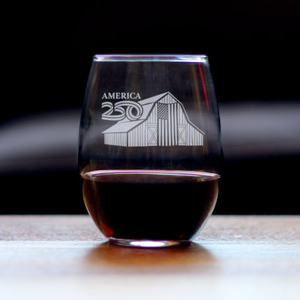 America 250 Homestead Barn Engraved Stemless Wine Glass America250 Official for 250th Anniversary of the USA Wine Glasses - 15 oz