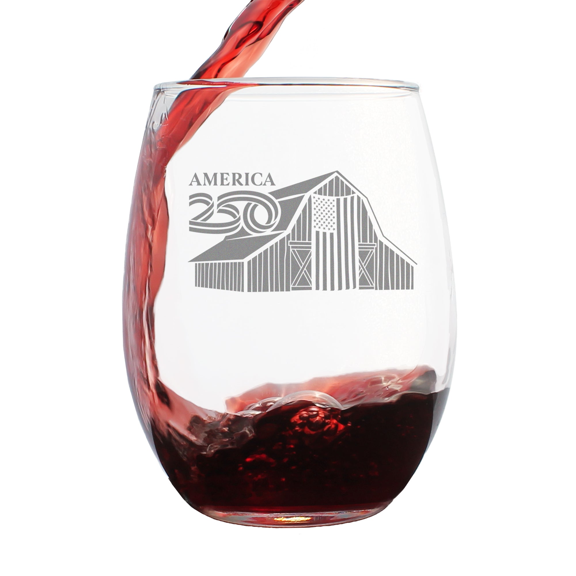 America 250 Homestead Barn Engraved Stemless Wine Glass America250 Official for 250th Anniversary of the USA Wine Glasses - 15 oz