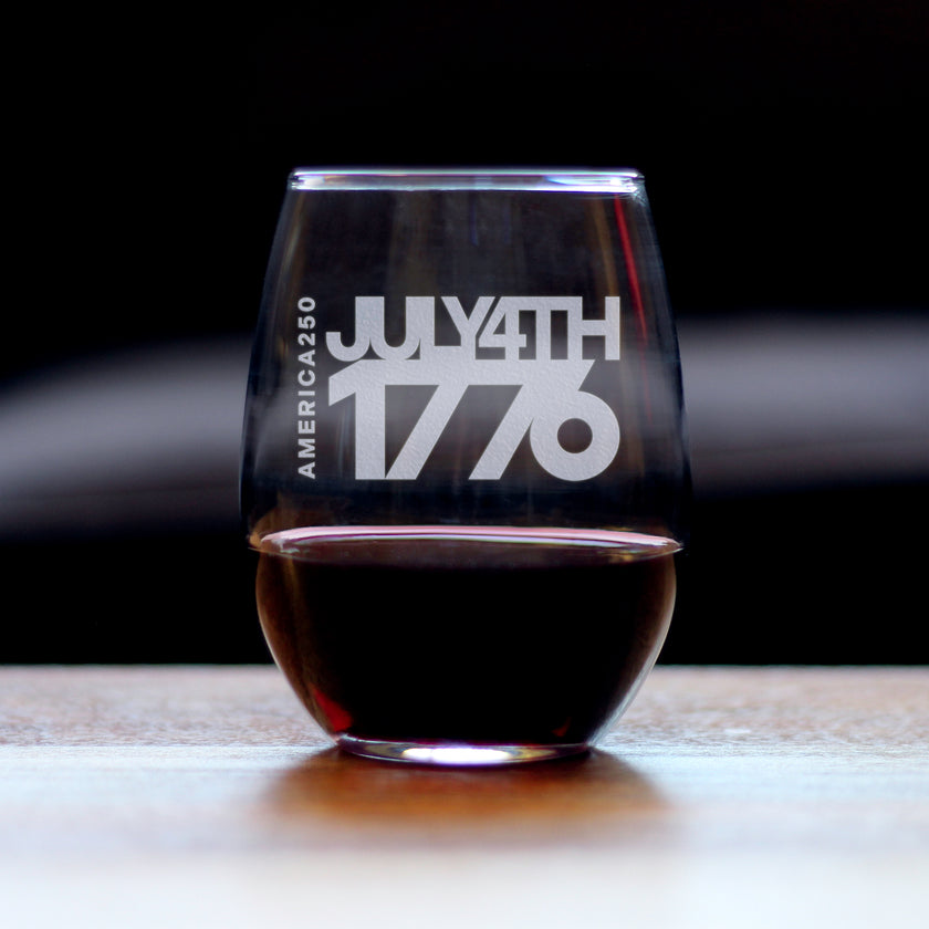 America 250 July 4 1776 Engraved Stemless Wine Glass America250 Official for 250th Anniversary of the USA Wine Glasses - 15 oz