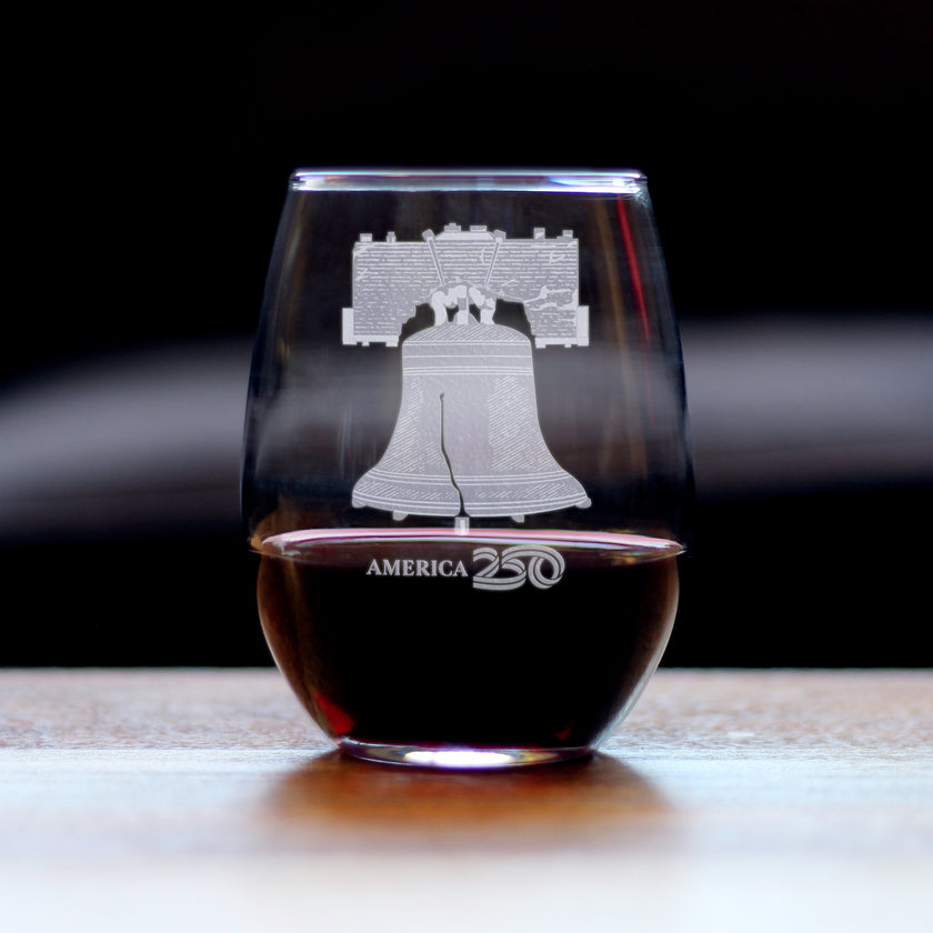 America 250 Liberty Bell Engraved Stemless Wine Glass America250 Official for 250th Anniversary of the USA Wine Glasses - 15 oz