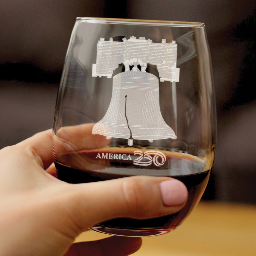 America 250 Liberty Bell Engraved Stemless Wine Glass America250 Official for 250th Anniversary of the USA Wine Glasses - 15 oz