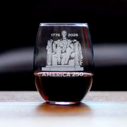 America 250 Lincoln Memorial Engraved Stemless Wine Glass America250 Official for 250th Anniversary of the USA Wine Glasses - 15 oz