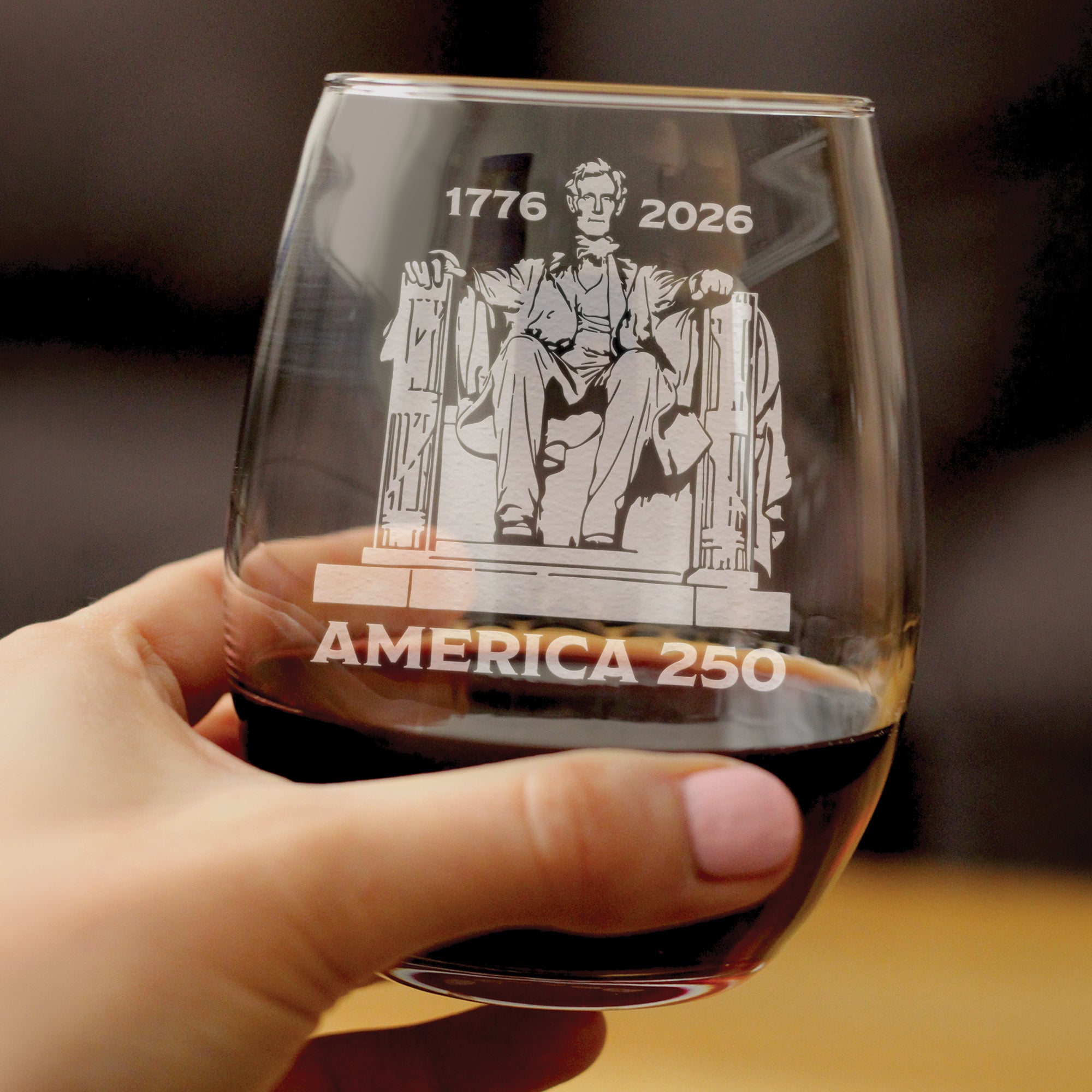 America 250 Lincoln Memorial Engraved Stemless Wine Glass America250 Official for 250th Anniversary of the USA Wine Glasses - 15 oz