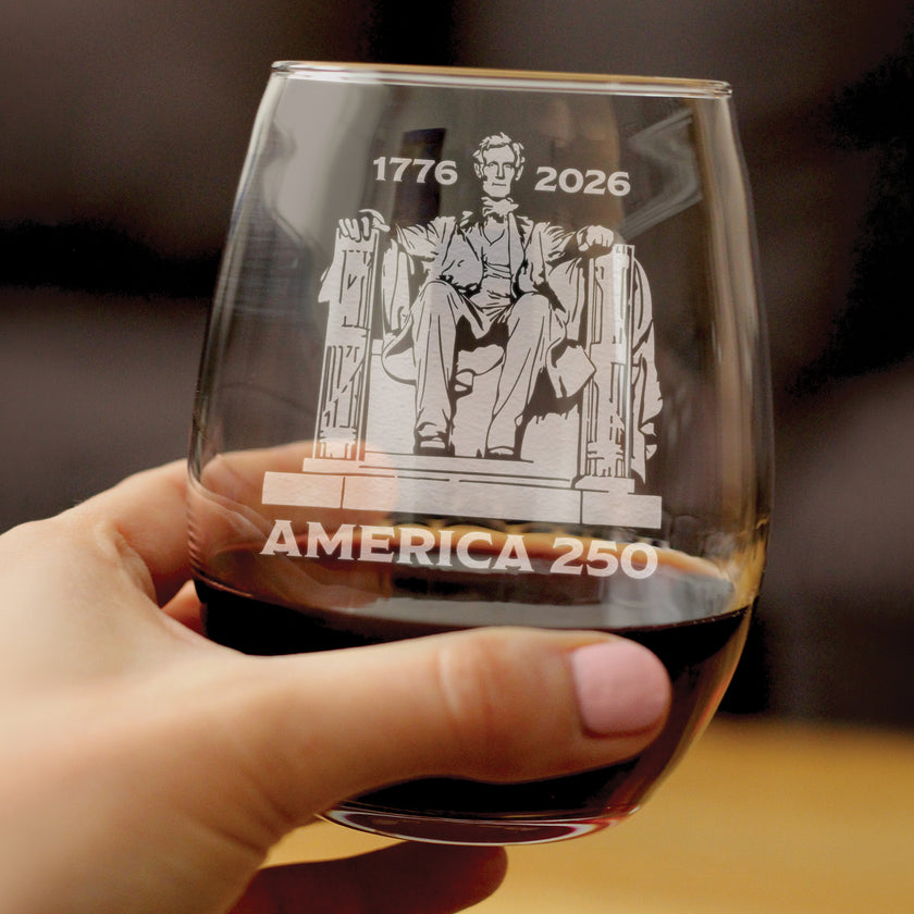 America 250 Lincoln Memorial Engraved Stemless Wine Glass America250 Official for 250th Anniversary of the USA Wine Glasses - 15 oz