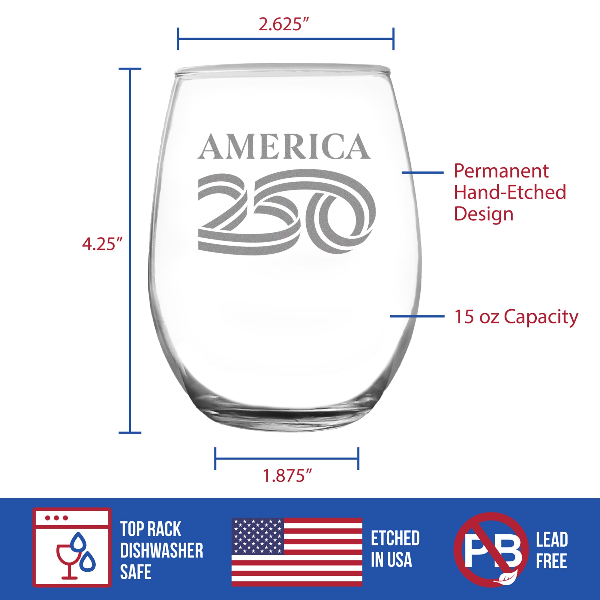 America 250 Logo Engraved Stemless Wine Glass America250 Official for 250th Anniversary of the USA Wine Glasses - 15 oz