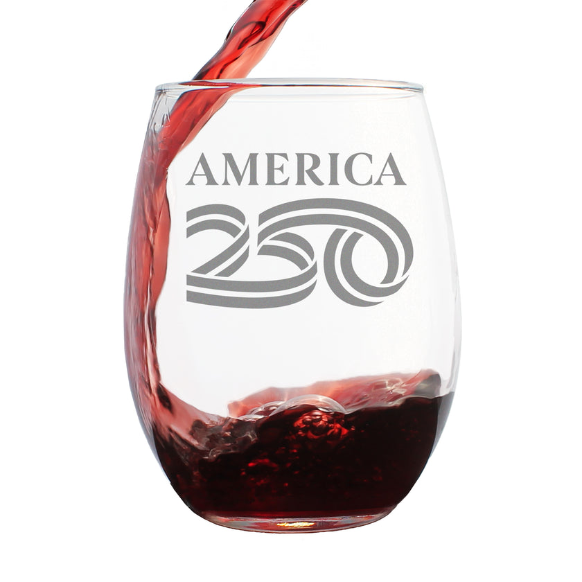 America 250 Logo Engraved Stemless Wine Glass America250 Official for 250th Anniversary of the USA Wine Glasses - 15 oz