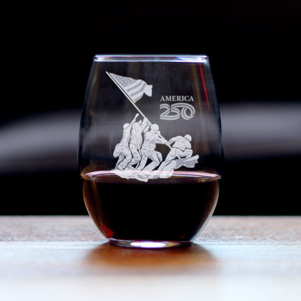 American 250 Raising the Flag on Iwo Jima Engraved Stemless Wine Glass America250 Official for 250th Anniversary of the USA Wine Glasses - 15 oz