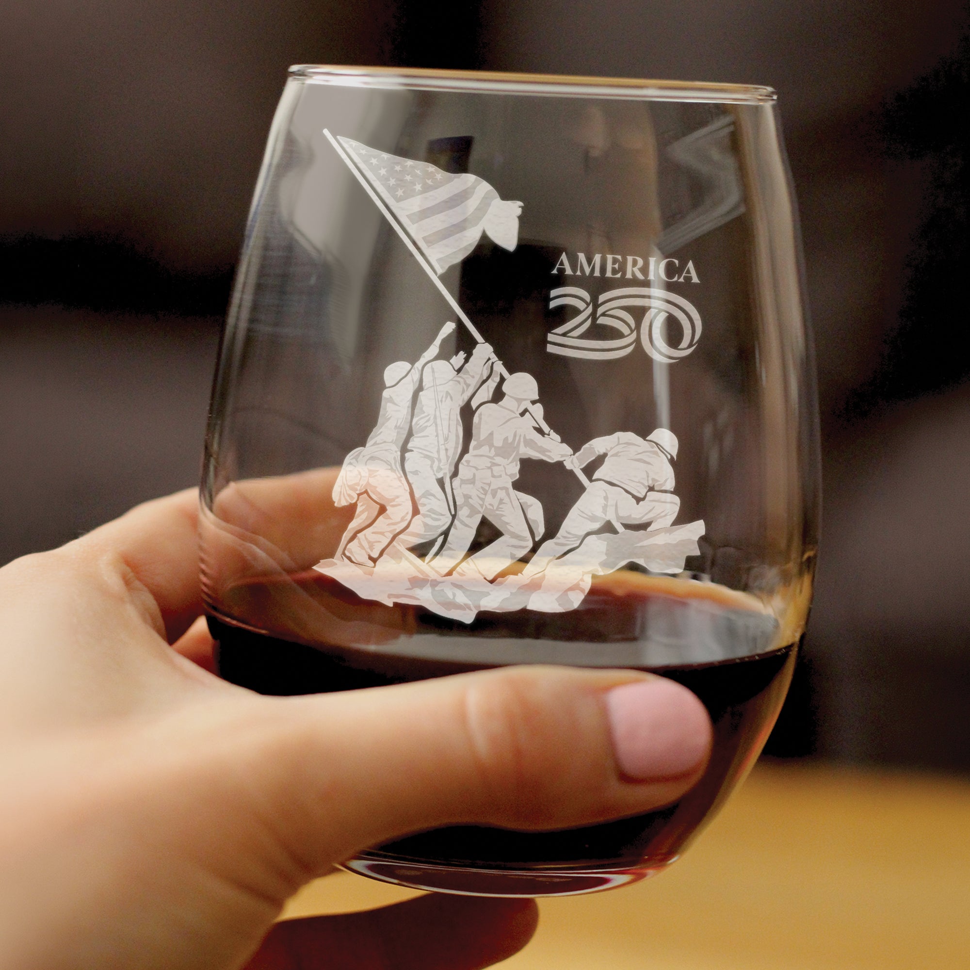 American 250 Raising the Flag on Iwo Jima Engraved Stemless Wine Glass America250 Official for 250th Anniversary of the USA Wine Glasses - 15 oz