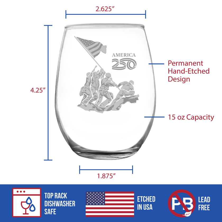 American 250 Raising the Flag on Iwo Jima Engraved Stemless Wine Glass America250 Official for 250th Anniversary of the USA Wine Glasses - 15 oz